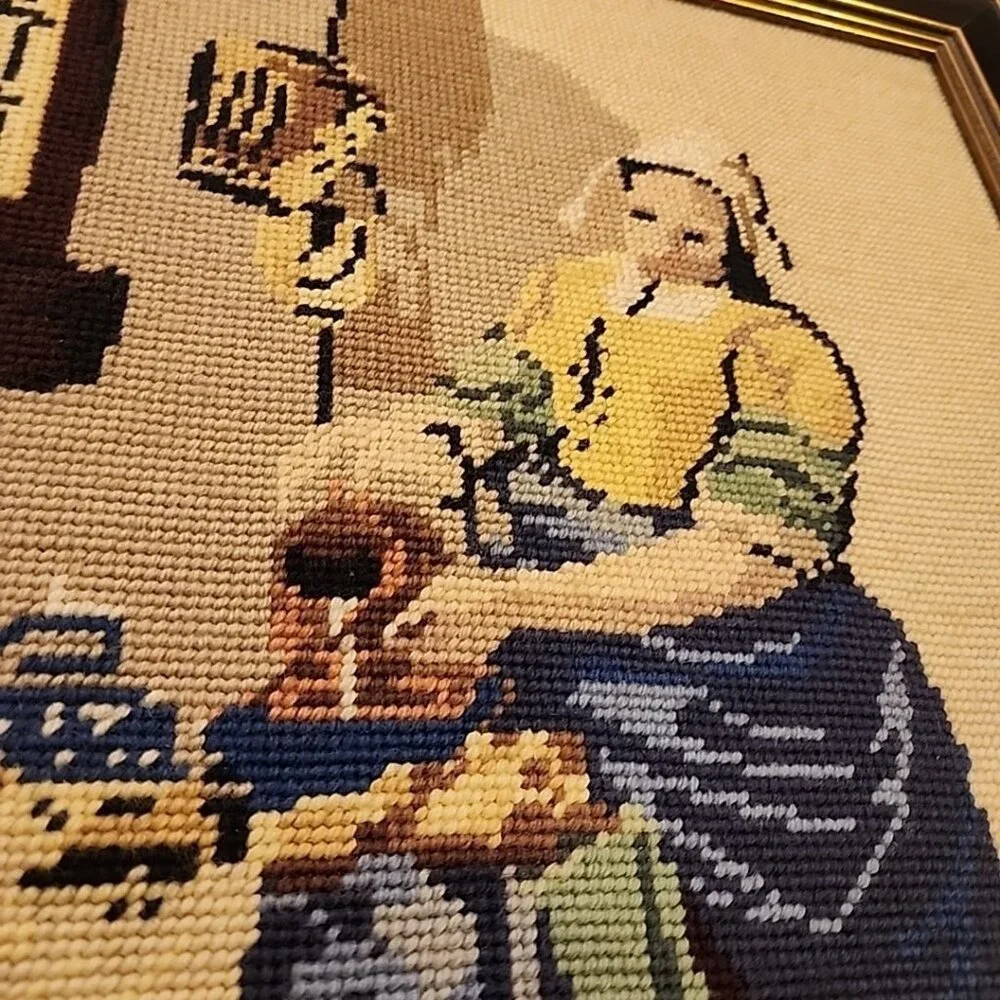 Vintage framed needlepoint reproduction of Rembrandt art Milkmaid 18x15